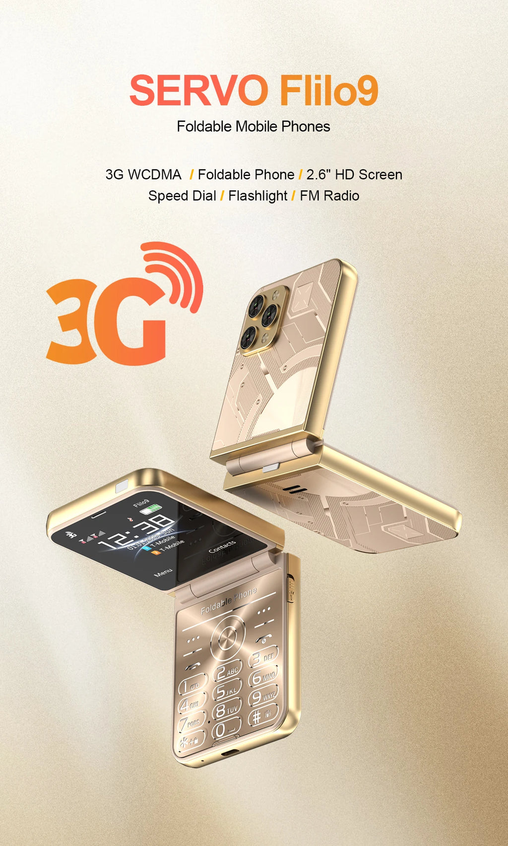 Low Price Sale SERVO Flilo9 3G Flip Mobile Phone 2 SIM Card Speed Dial Blacklist Call Record FM Radio 2.6inch Fold Cellphone MP4