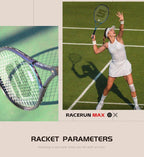 RaceRun-MAX Composite Carbon Tennis Racket, 295±10g Lightweight, 325mm Balance, One-Piece Stable Frame, 50-60lbs, for Advanced