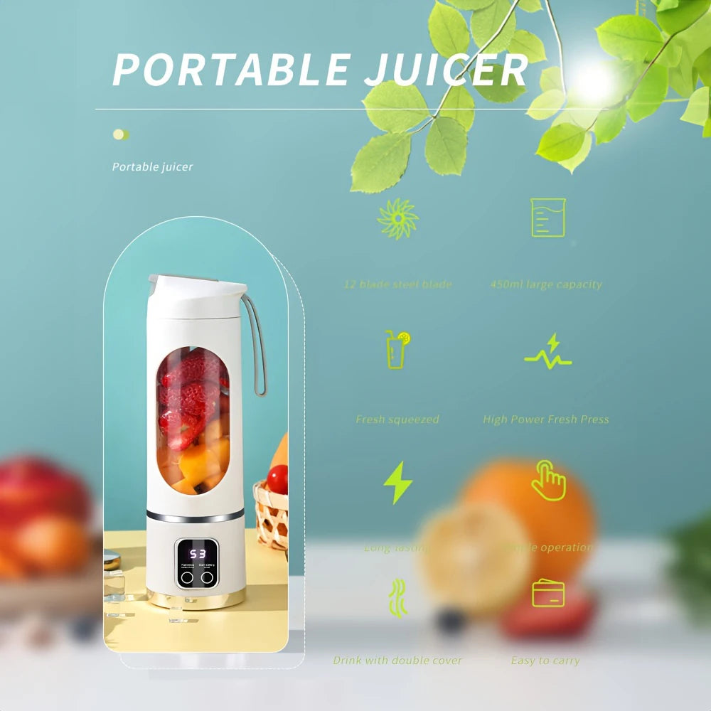Portable Electric Juicer USB Charging Mini Wireless Juicer Bottle 450ml Cup Fruit Mixer Handheld Blender for Home Travel Office