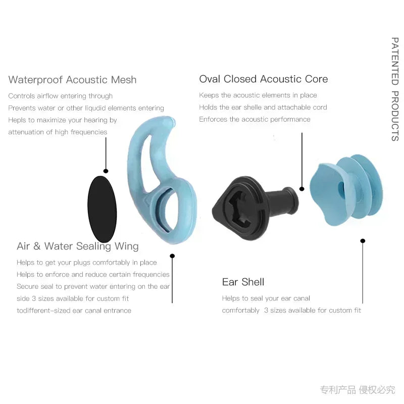 Swimming Ear Plugs for Adults, 3 Pairs Waterproof Reusable Silicone Swim Earplugs with Removable Cord,Perfect for  Water Sports