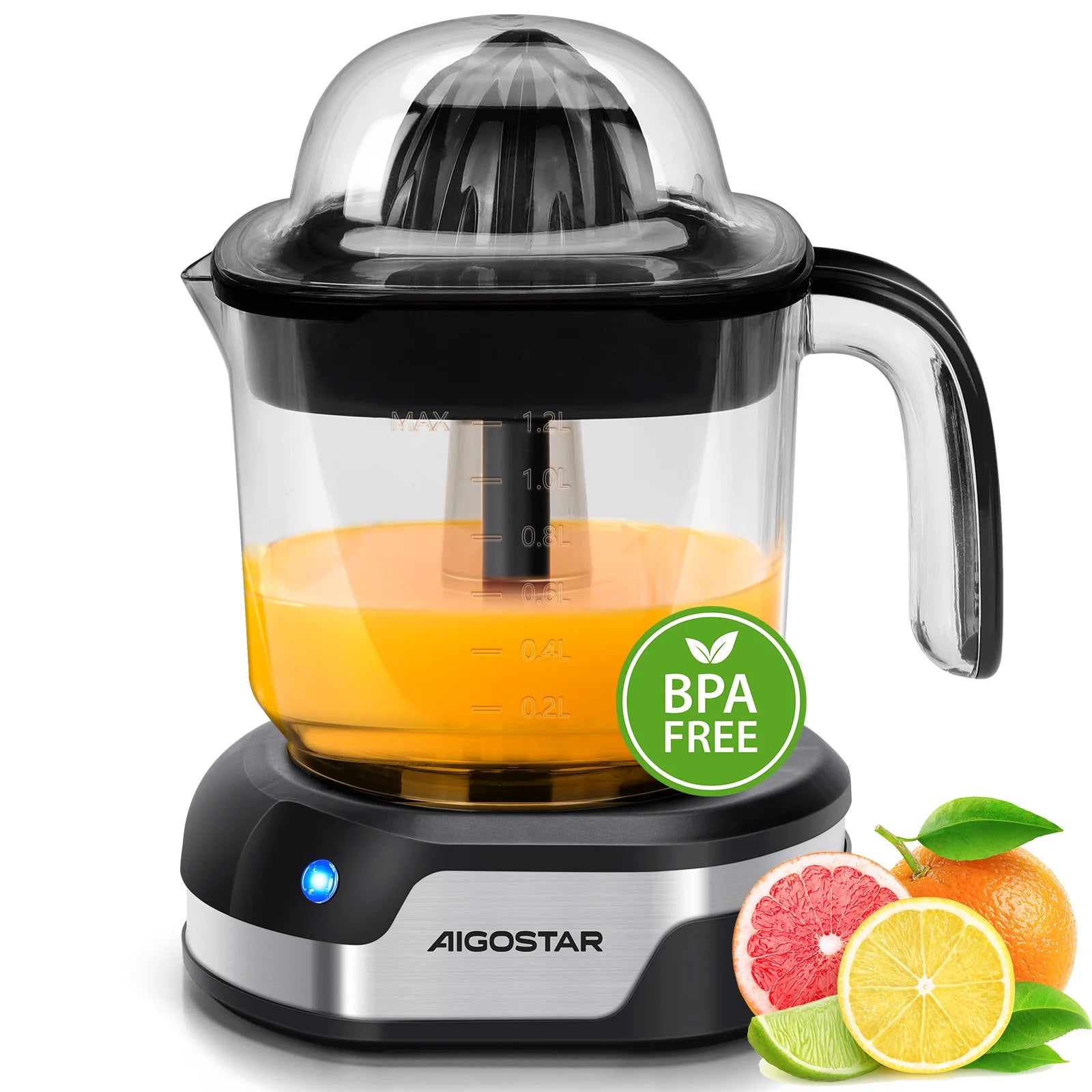 Aigostar Electric Citrus Juicer, 1.2L Large Capacity Juicer with LED Work Light and 2 Removable Cones, Lemon Squeezer for Orange Main image