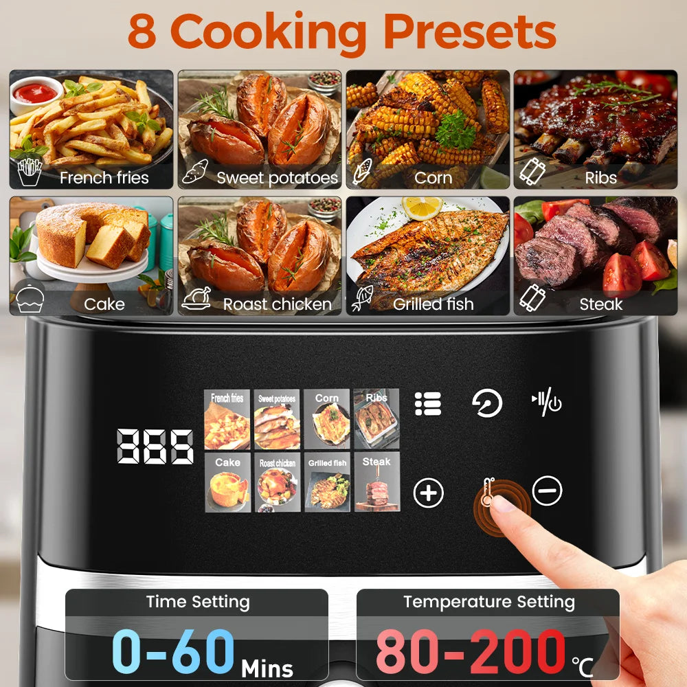 Patbrela 5.5L Air Fryer 8-in-1 Max 200°C Electric Hot fryer Oven Oilless Cooker with Touch Control & Nonstick Basket & Visible Window