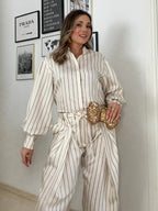 HH Women 2026 New Fashion Versatile Beige Striped Puffy Sleeve Shirt+High Waisted Loose Pleated Casual Long Pants Two Piece  Set