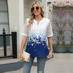 Summer Shirts Women Lace Patchwork Short Sleeve Blouse Flower Print Clothing Fashion Street Casual Daily V-Neck Button Tops 2025