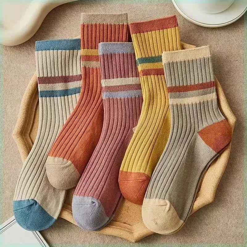 5 Pairs Striped Print Socks for Women Comfy Soft Mid Tube Socks Winter  Harajuku Funny Casual Sock Women's Stockings Hosiery Main image