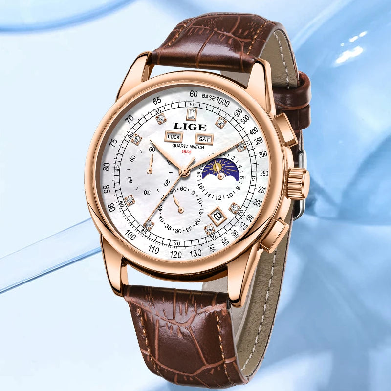 LIGE Retro Elegant Quartz Women's Wristwatches Simple Diamond Dial Fashion Casual Outdoor Date Waterproof Moon Phase Woman Watch