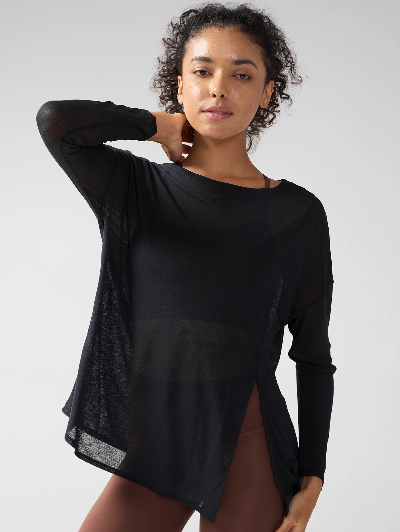 Fashion Women's Breathable Loose Quick Drying Long Sleeve Yoga Shirts Slimming Side Slits Leisure Running Fitness Cycling Tops