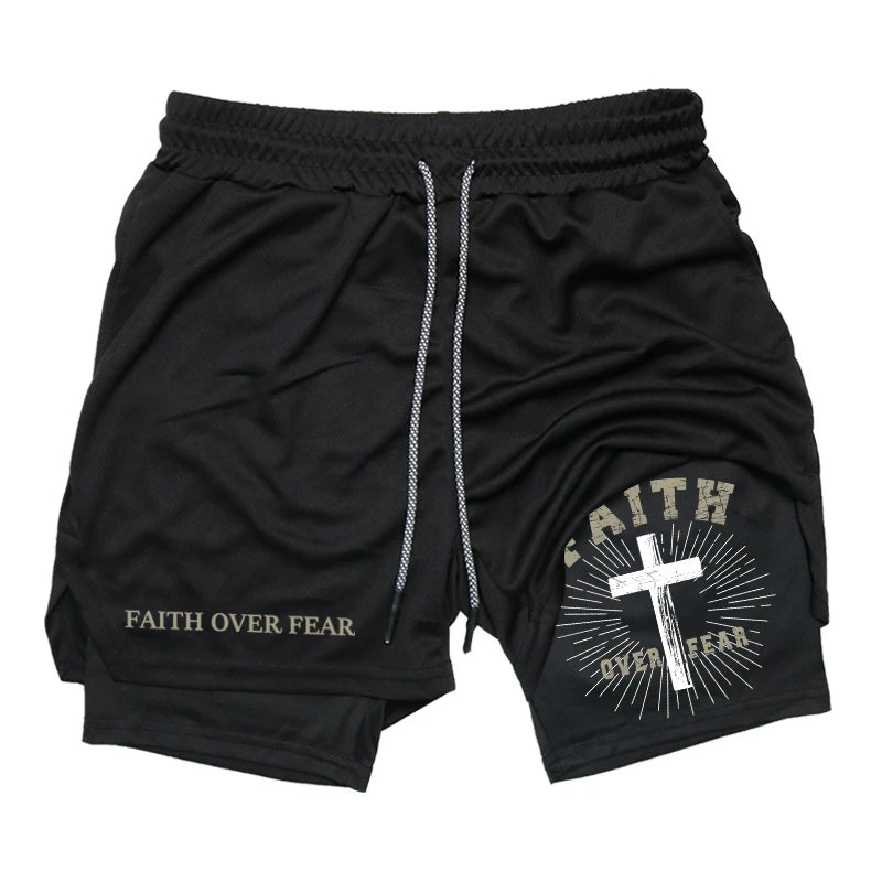 Print 2 in 1 Running Workout Shorts for Men Christian Gym Athletic Performance Shorts with Phone Pocket Towel Loop Activewear