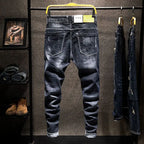 American Elastic Straight Jeans Men Ripped Worn-out Slim-fit Cotton Denim Pants Korean Style Fashion Blue Black Men's Clothing