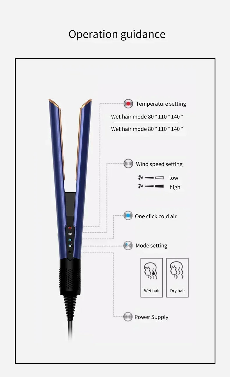 Professional 2 In 1 Hot Air Flat Iron Hair Straightener Dryer With Negative Ions Smooth Frizz-Free Hair Styling Tool