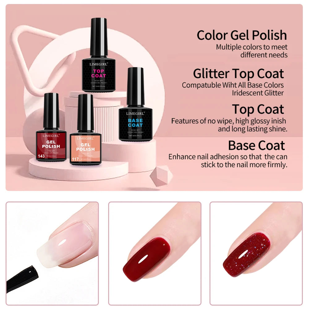 LIMEGIRL Gel Nail Polish Kit UV Soaking Gel Primer Polish Manicure Kit with UV LED Lamp Dryer Semi-Permanent Gel Varnish Kit