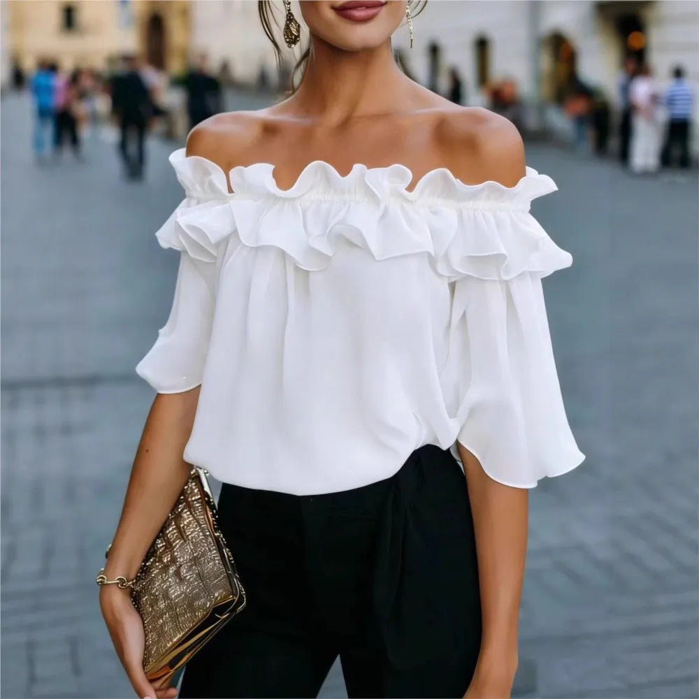 Fashion Ruffled Sexy One Shoulder Women's Short Sleeve Shirt Summer New Casual Loose Tops Female Elegant Versatile Office Shirt