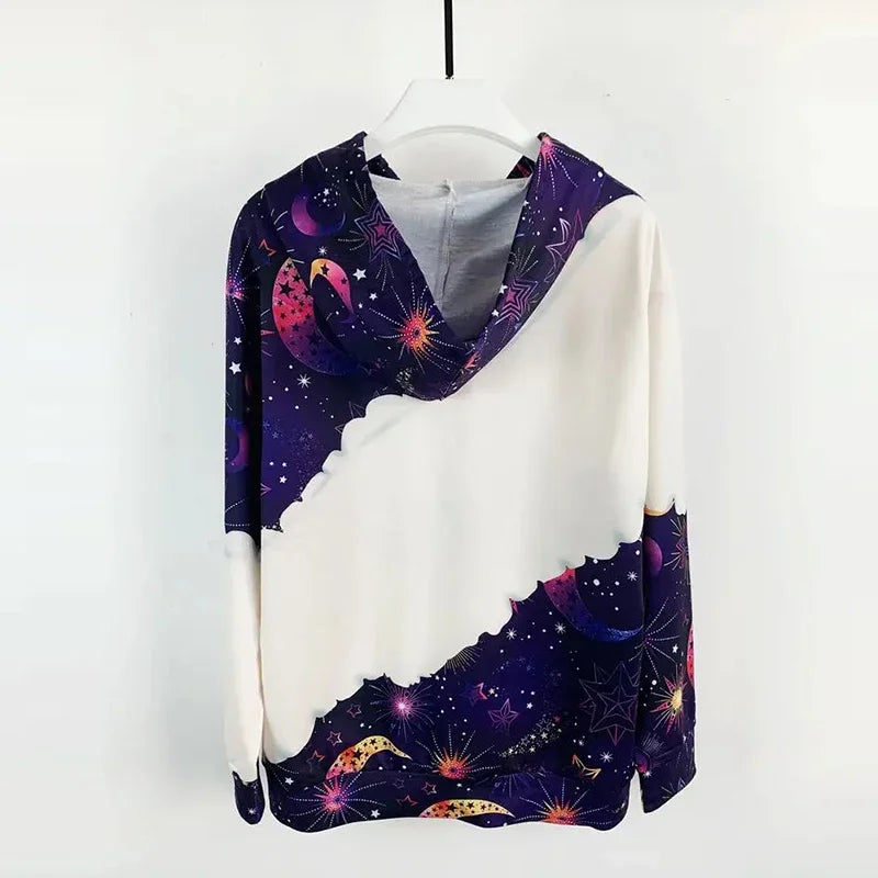 Moon Print Kangaroo Pocket Hoodie, Casual Long Sleeve Drawstring Hoodies Sweatshirt Women's Clothing