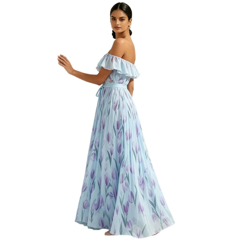 2026 summer off-the-shoulder tulip print plus size slimming square neck maxi dress
