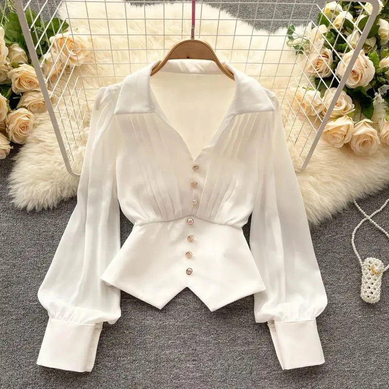 White Casual Polo-Neck Pullover Buttons Puff Sleeve Straight Women's Blouse Short Shirt Female Clothing Tops 2024 Fashion