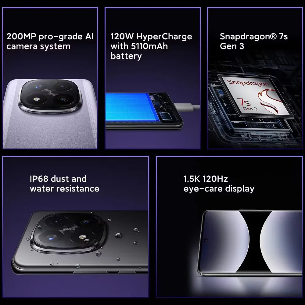 Xiaomi Redmi Note 14 Pro+ 5G Snapdragon® 7s Gen 3 IP68 Water & Dust 6.67” AMOLED display 1.5K 120Hz 5110mAh 120W 200MP Camera