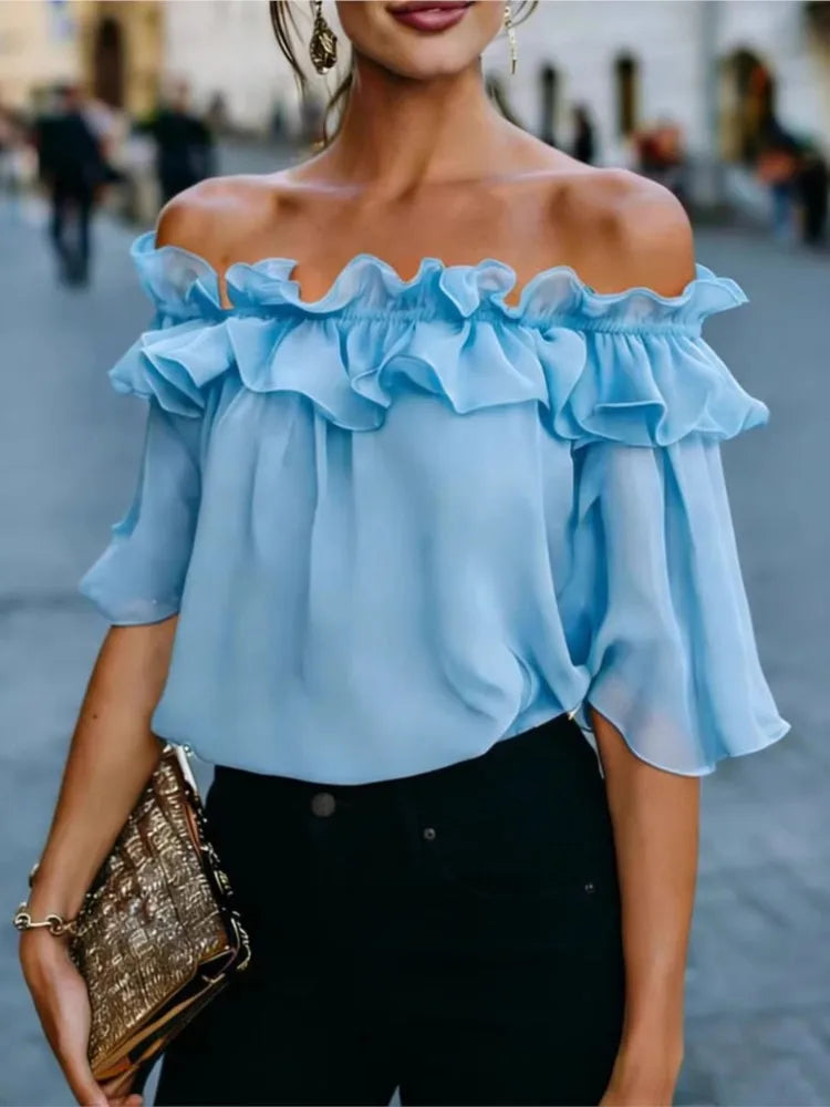 Fashion Ruffled Sexy One Shoulder Women's Short Sleeve Shirt Summer New Casual Loose Tops Female Elegant Versatile Office Shirt