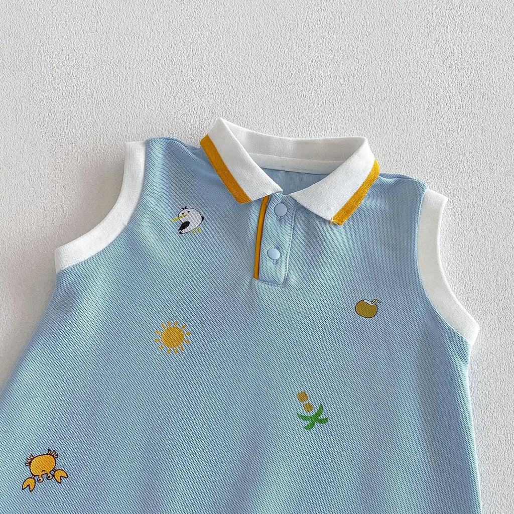 2026 New Summer 0-2Y Baby Clothes Cartoon Print Sleeveless Polo Romper Breathable Mesh Fabric with Placket Snap Closure