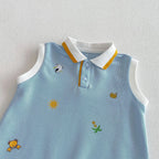 2026 New Summer 0-2Y Baby Clothes Cartoon Print Sleeveless Polo Romper Breathable Mesh Fabric with Placket Snap Closure