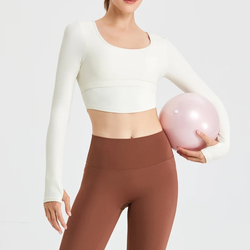 QINACTIVE Yoga suit with long sleeves chest pads new autumn winter tight fitting top T-shirt sport running training fitness suit