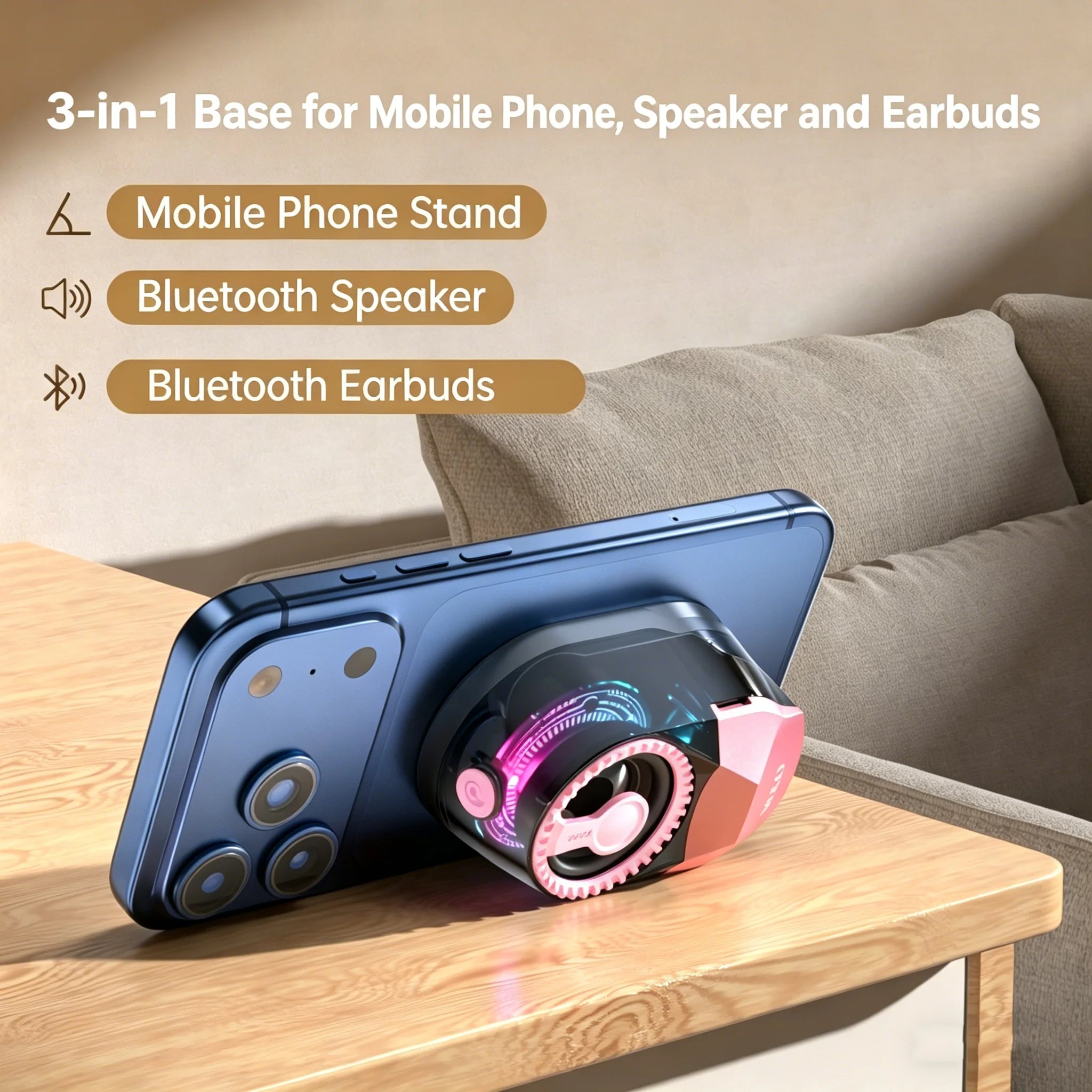 Magnetic 3-in-1 Bluetooth Speaker with Earbuds, Phone Stand,RGB Light, Portable Wireless Headset for iPhone/Android
