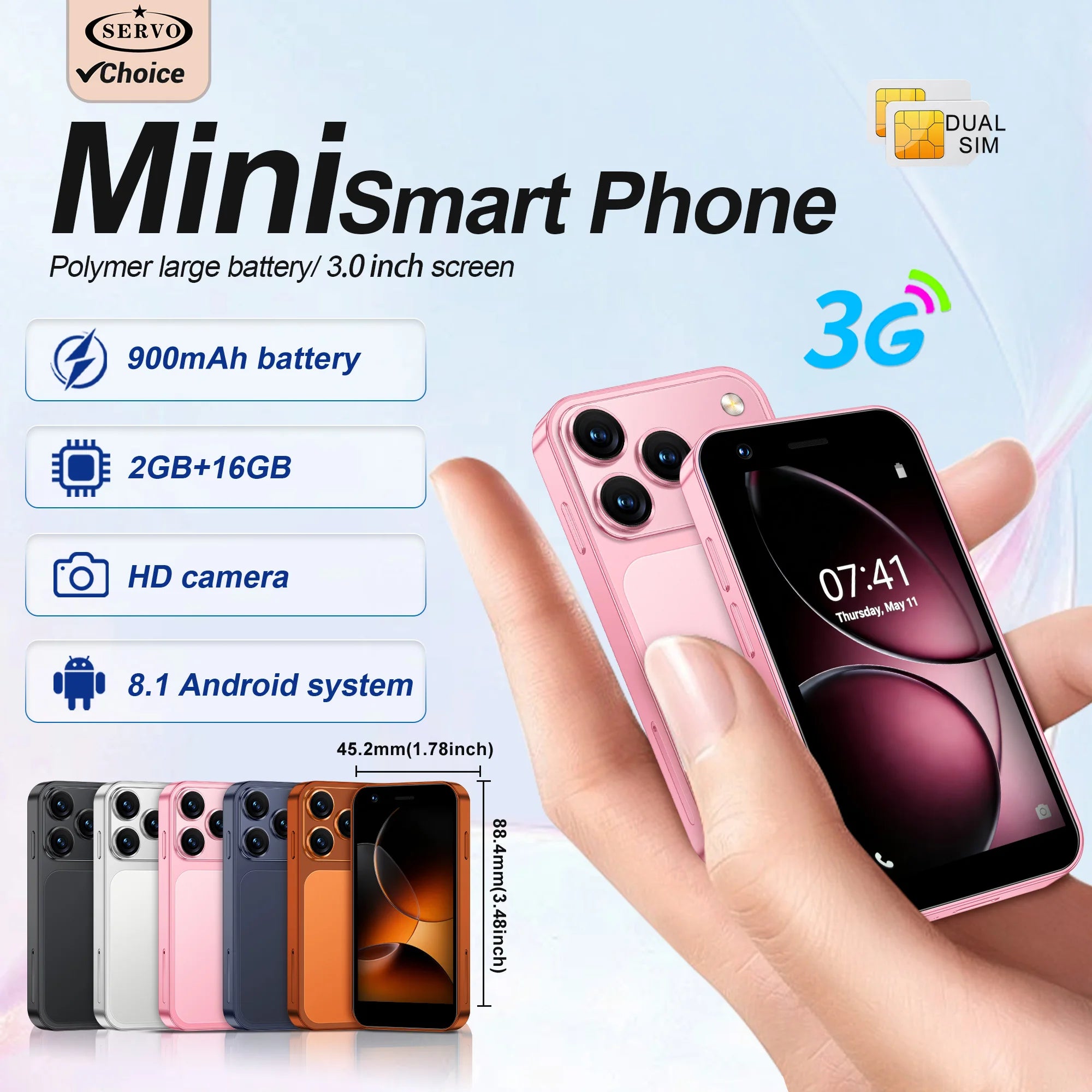 SERVO 18SE MINI Android Smartphone 3G WCDMA Dual SIM Card 2GB+16GB Play Store Face Unlock GPS WiFi Hotspot 3.0" Small Cellphone Main image