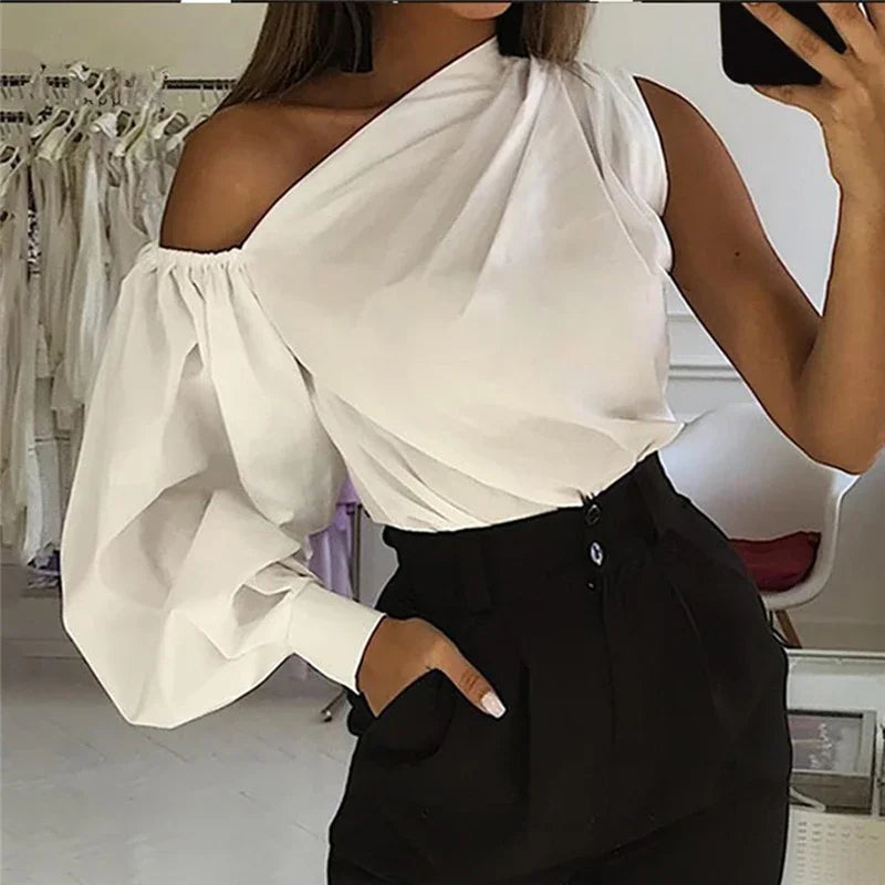 Sexy Off Shoulder Women Shirts Summer Lantern Sleeve Blouse Casual Loose Solid Tops Lady Elegant Blusas Femme Streetwear Shirt Main image