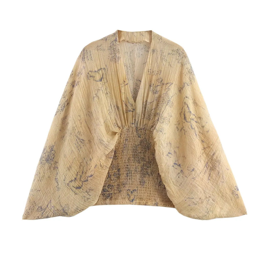 TFAFXY Women's Casual Blouse Printing V-Neck Bat Sleeve Folds Loose Blouse New Fashion Holiday Shirts