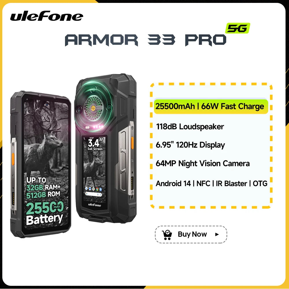 【2025 New】Ulefone Armor 33 Pro 5G Rugged Phone Smartphone Android 14 32GB+512GB 25500mAh Night Camera 64MP NFC Loud Speaker
