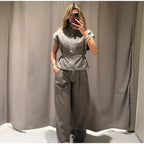Denim Vest Loose Long Pants Woman Set High Neck Single Breasted Waist Cinched Tops High Waist Trousers Chic Casual Lady New Sets