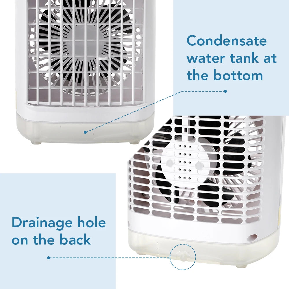Portable Air Conditioner with Colorful Atmosphere Light Water Cooling Fan USB Table Fan 700ml Water Tank Desktop Fan Humidifier