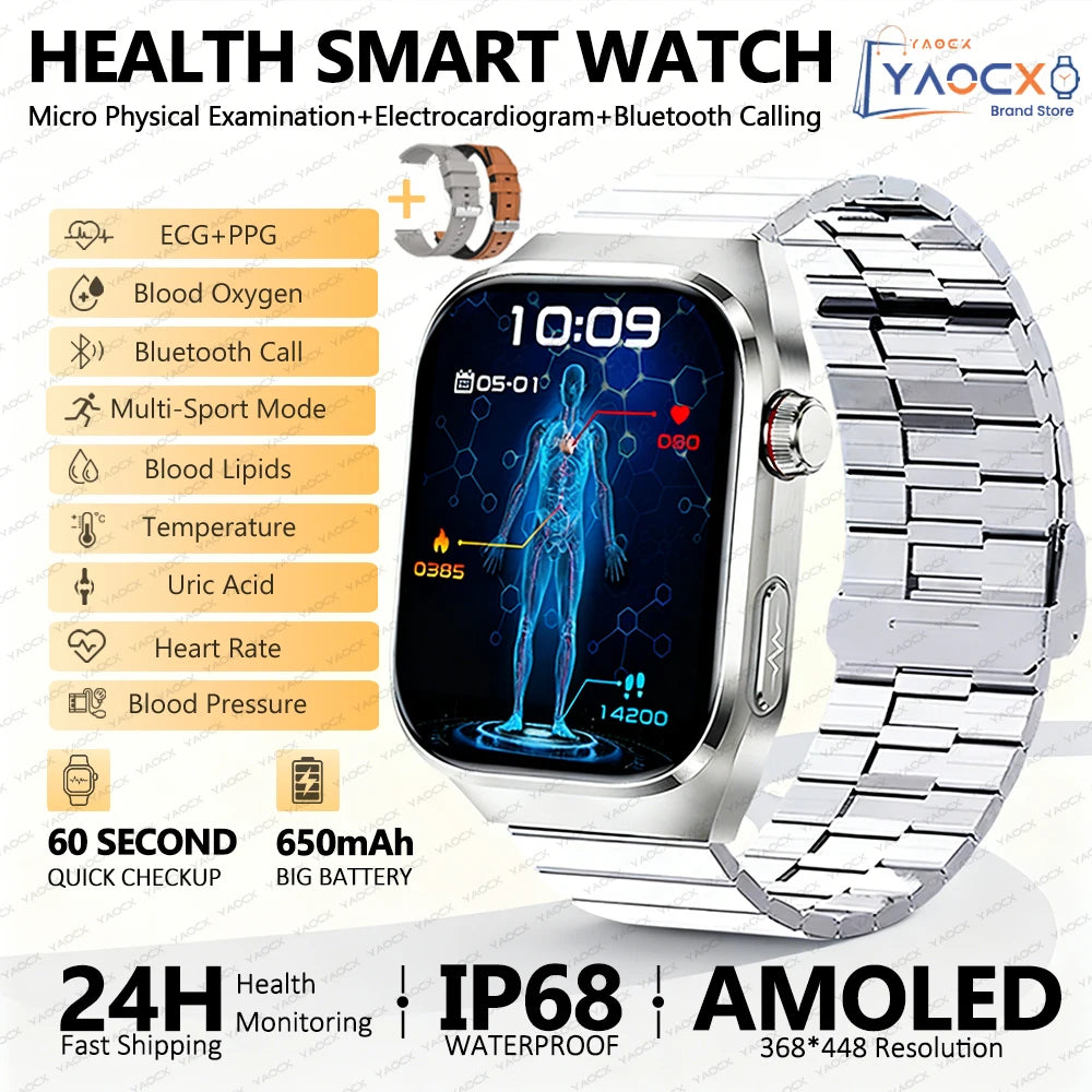 2026 New Nursing Grade Uric acid Blood lipids Smart Watch Men ECG+PPG Blood Pressure Heart Rate Bluetooth Call Health Smartwatch