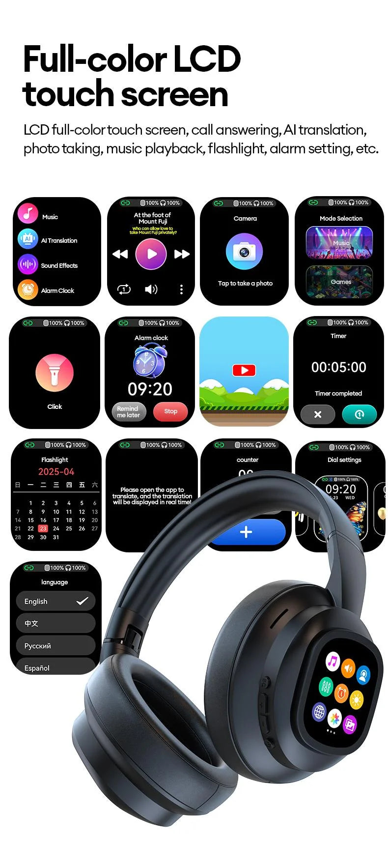AI LCD Touch Screen Shock Bass Headsets HIFI Sound Wireless Bluetooth Headphones ANC Noise Reduction Gamer Earphones With Mic