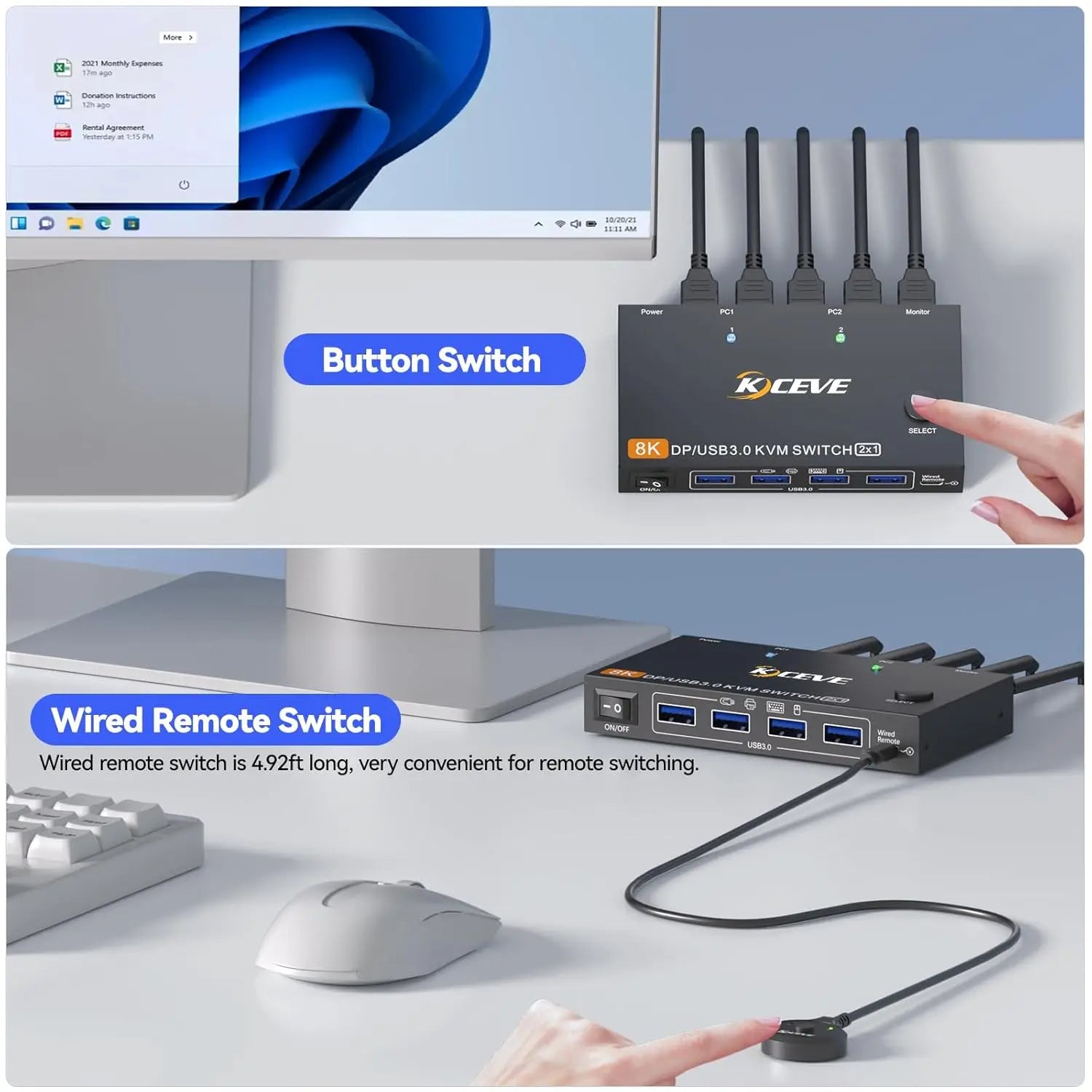 KCEVE 8K DisplayPort KVM Switch 2 Computers 1 Monitor ,8K@60Hz/4K@240Hz DP KVM Switch for 2 PC 1 Monitor to Share Mouse,Keyboard