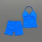 2 Pieces Sports Set Women Backless Halter Tops Fitness Tank Top High Waist Seamless High Stretch Shorts Gym Workout Sets