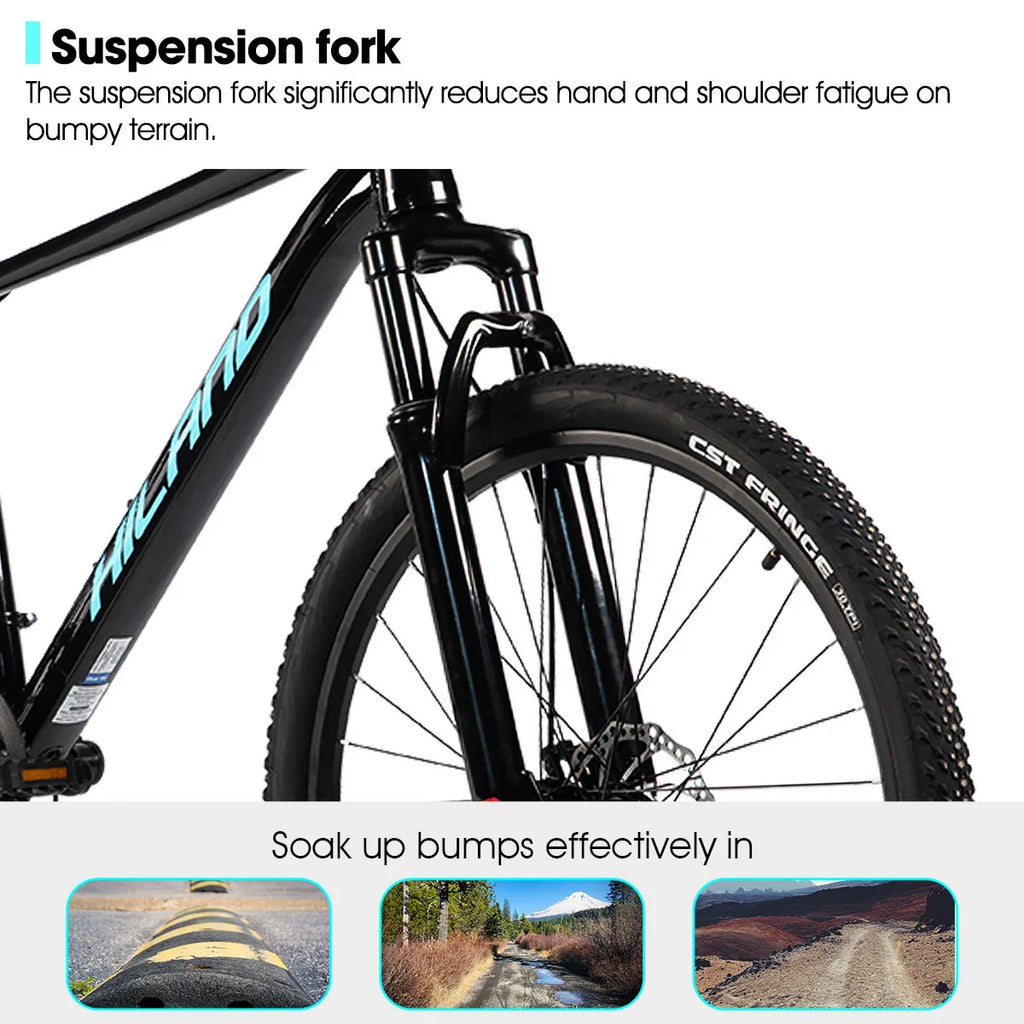 HILAND 26 inch aluminum alloy mountain bike for men and women, 21 speed bike with mechanical disc brakes, front suspension fork