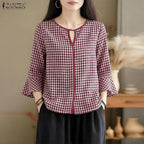ZANZEA Women Summer Plaid Patchwork Blouse 3/4 Flare Sleeve Cut Out Tops Casual Loose Shirt Retro Chemise Female Work Blusas