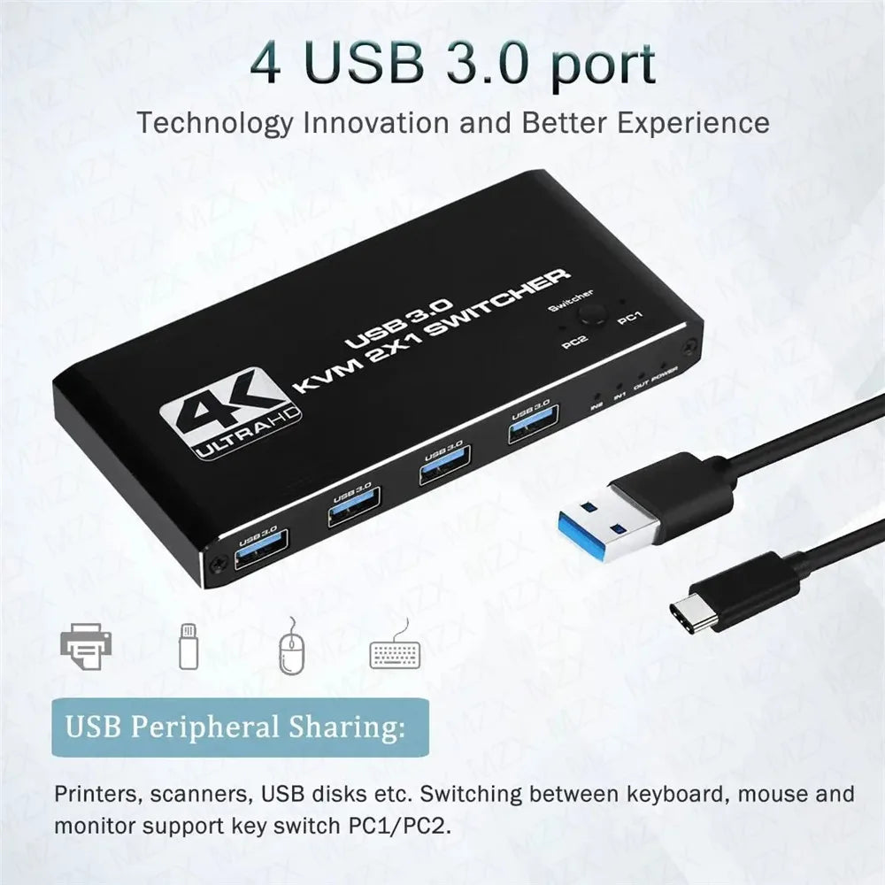 MZX 2-In-1-Out KVM Switch 4K 60Hz HDMI-compatible USB 3.0 Hub Switcher Docking Station Dock Computers PC Share Keyboard Printer