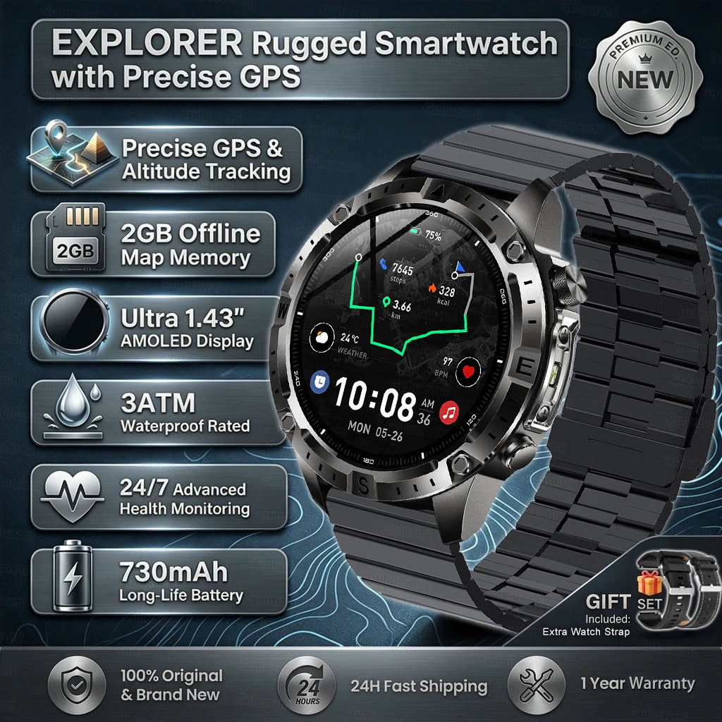 GPS Sports Smartwatch Men Women Swim Waterproof Fitness Tracker 2GB Memory Offline Maps  SpO2 Rugged Outdoor Smartwatch for Men