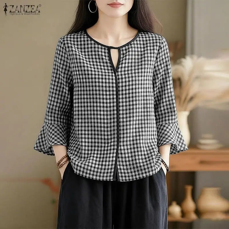 ZANZEA Women Summer Plaid Patchwork Blouse 3/4 Flare Sleeve Cut Out Tops Casual Loose Shirt Retro Chemise Female Work Blusas