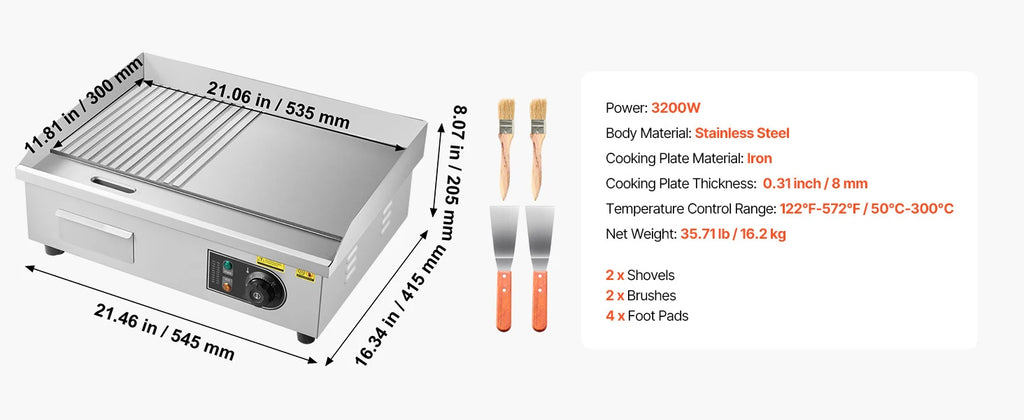 SucceBuy Commercial Electric Griddle 50-300°C Adjustable Temp Control, Stainless Steel Countertop Flat Top Grill for Steak Panc