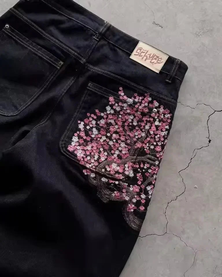 Vintage Low Waist Hip Hop Cherry Blossom Embroidered Jeans  Wide Leg Trousers Y2K Clothes Mens Womes Embroidered Baggy Jeans Secondary image