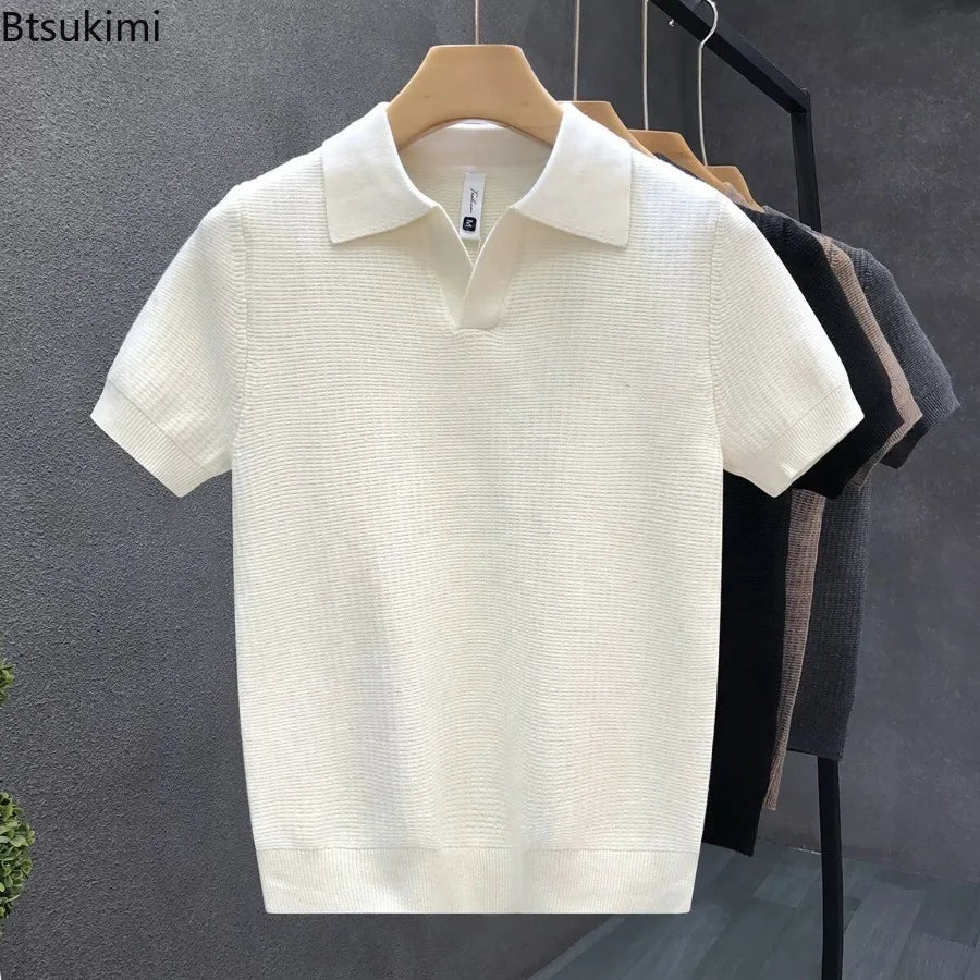 2026 Men's Summer Polo Shirt Korean Style Slim Wrinkle Resistant Collar Solid Color T-Shirts Casual Thin Sleeve Trendy Knit Tops Main image