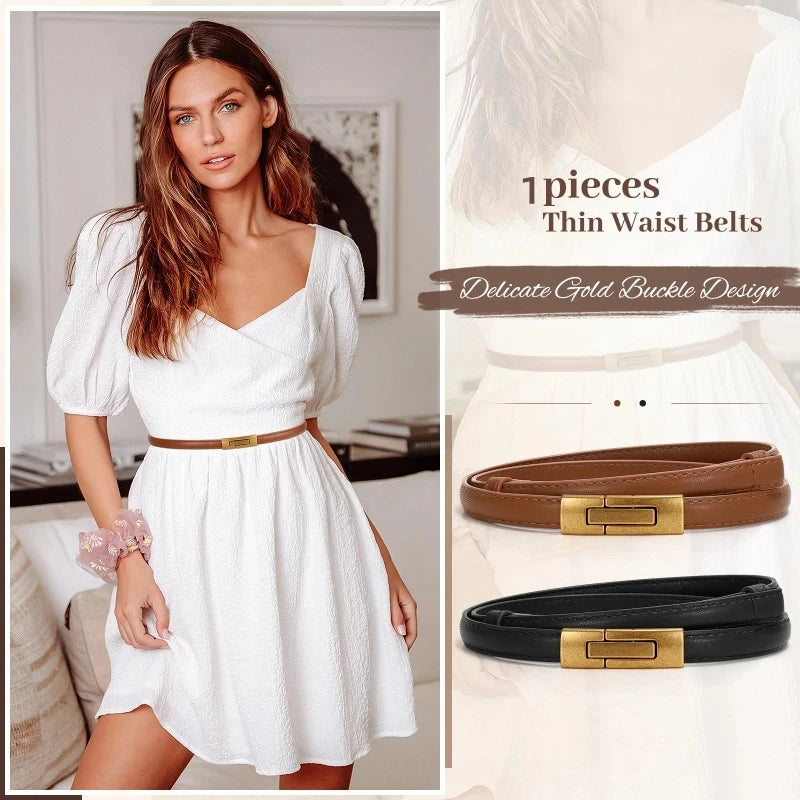 Adjustable Women’s Skinny Thin Belt, Classic Solid Color Genuine Leather Waistband for Trendy Coats and Dresses