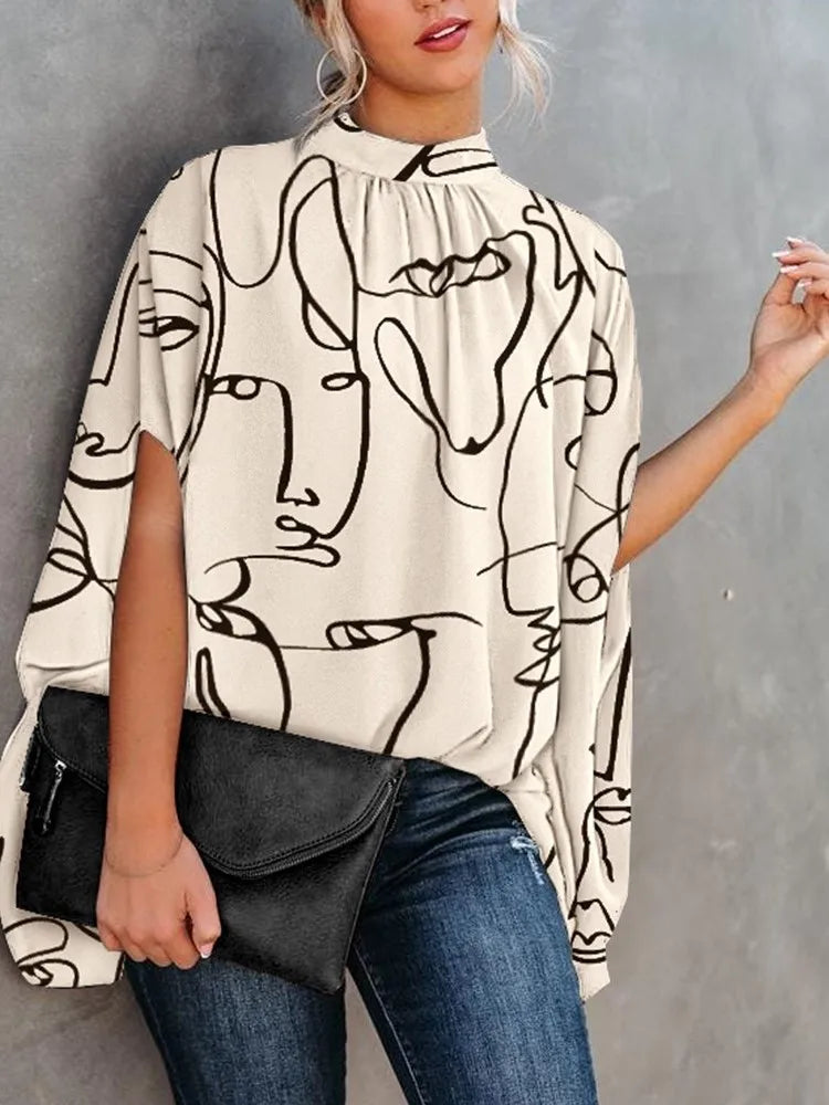 Casual Loose Women's Blouse Fashion Batwing Sleeve Print O-neck Shirts Top Spring Summer Office Lady Blouses Elegant Tops 2024