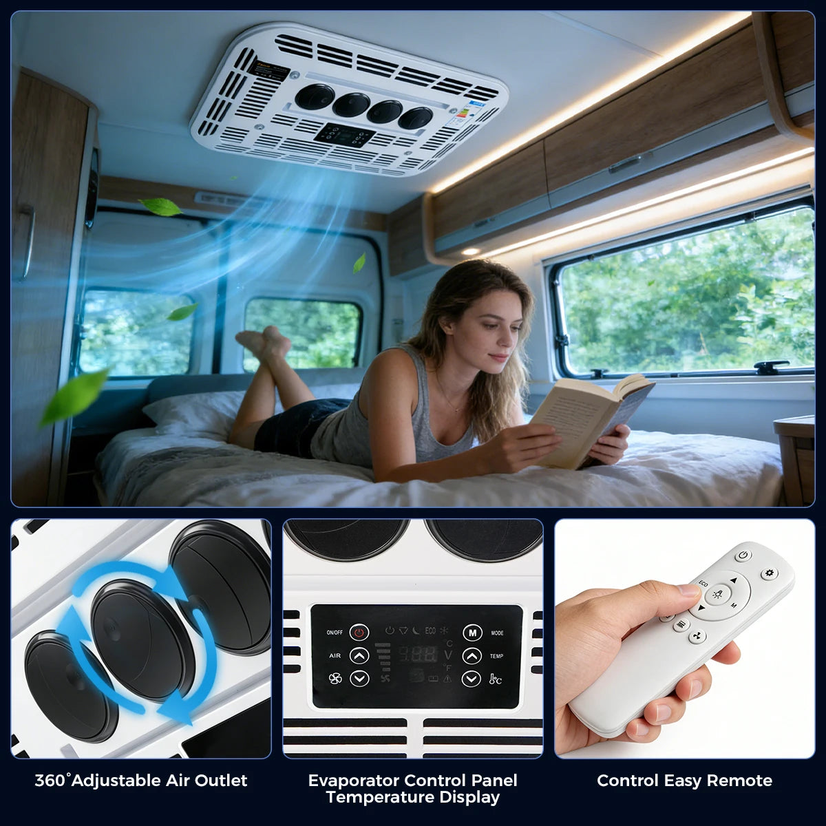Sunster 12V/24V Fast Cooling Roof Air Conditioner Electric Cool RV Rooftop Parking for Truck Camper Van Caravans Motor home