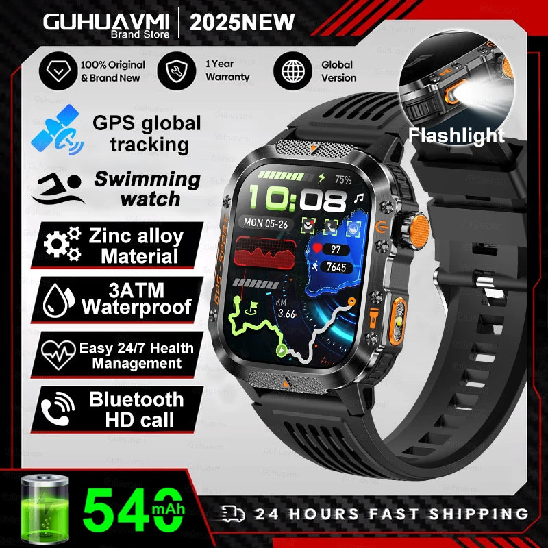 2025New GPS Smart Watch For Xiaomi IOS Military Compass Flashlight Smartwatch Men 10ATM Waterproof 100+Sport Modes BT Call Watch