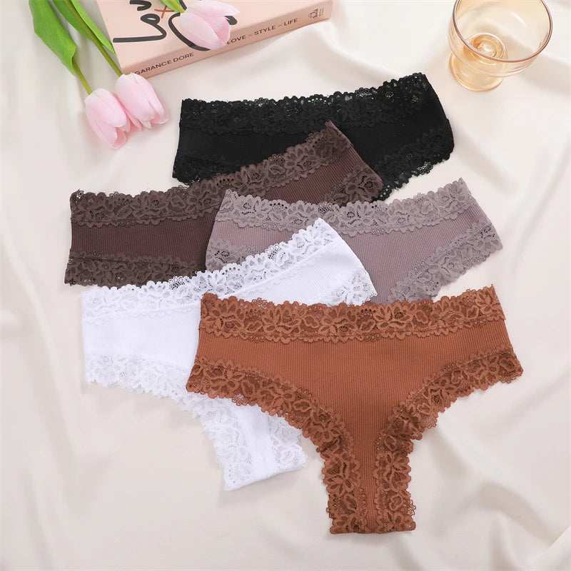 FINETOO 3Pcs Women Cotton Underwear Panties Sexy Lace Brazilian Briefs Low Waist Floral Solid Color G-string Breathable Lingerie