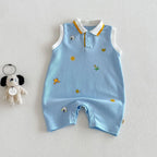 2026 New Summer 0-2Y Baby Clothes Cartoon Print Sleeveless Polo Romper Breathable Mesh Fabric with Placket Snap Closure