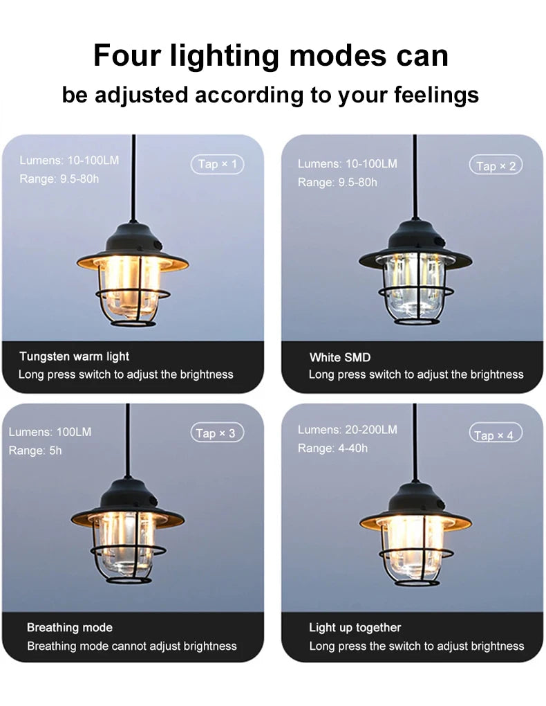 Portable Camping Lanterns Retro Hanging Tent Lamp Waterproof Dimmable Camping Light 1200mAh for Hiking Fishing Emergency Lantern